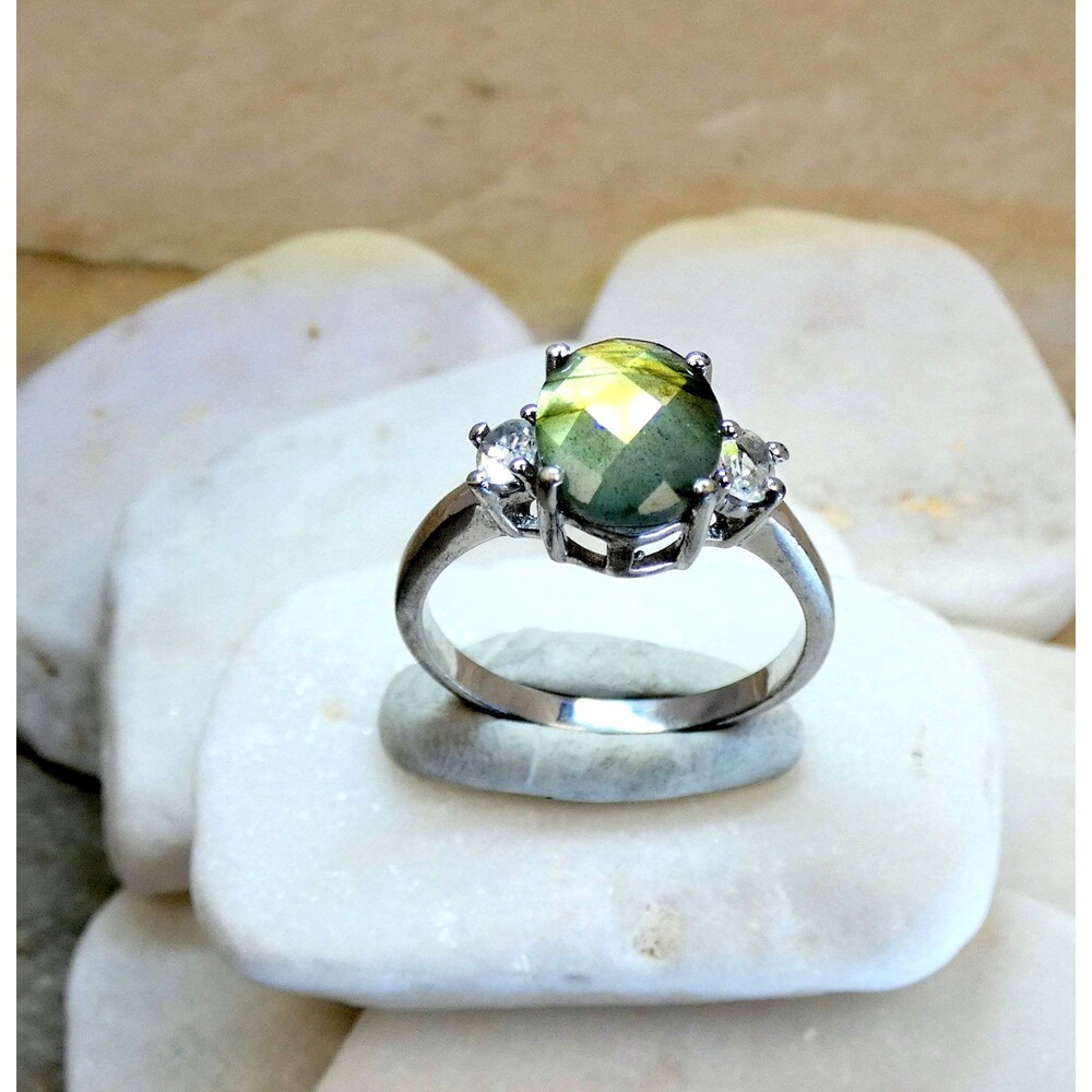VTG Golden Labradorite White Topaz Solitaire Sterling Silver Ring 8.75